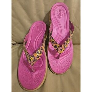 Crocs Women's Capri V Graphic Sequin Flip Flops Sandals Pink Tropical, Size 11
